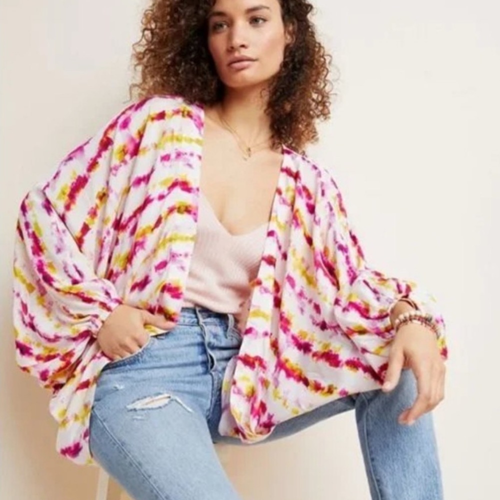 Anthropologie Pink and Yellow Kimono with Balloon Sleeves OS/Excellent condition